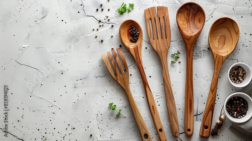 Wooden Utensils and Spices on a White Textured Surface