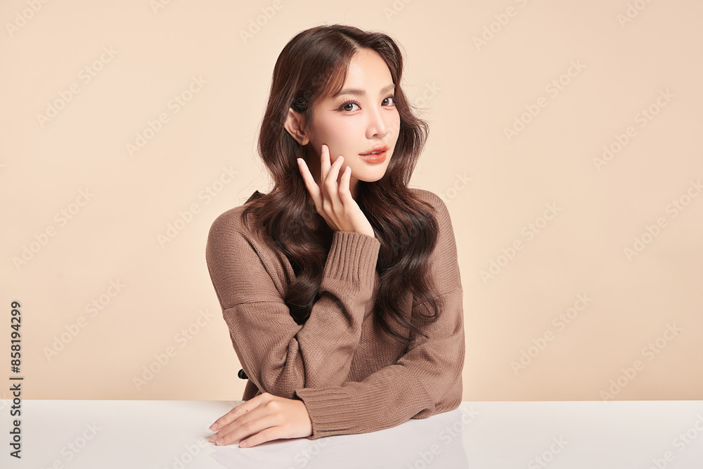 Beautiful young asian woman with clean fresh skin on beige background, Face care, Facial treatment, Cosmetology, beauty and spa, Asian women portrait. Beautiful young asian woman with clean fresh skin on beige background, Face care, Facial treatment, Cosmetology, beauty and spa, Asian women portrait.