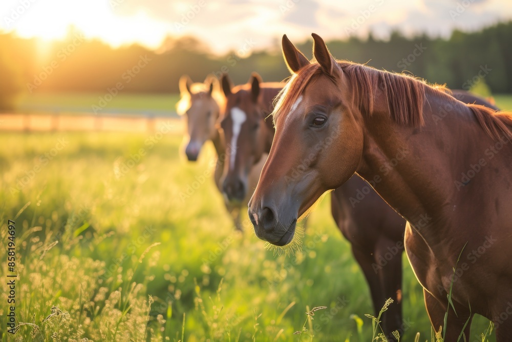 Obraz premium View from side body of a three Thoroughbred Horse standing on grass, Awe-inspiring, Full body shot ::2 Side Angle View