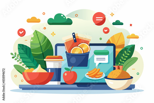A laptop computer sitting in the midst of various bowls of food and leaves. A laptop computer is placed on a table surrounded by bowls of food and leaves