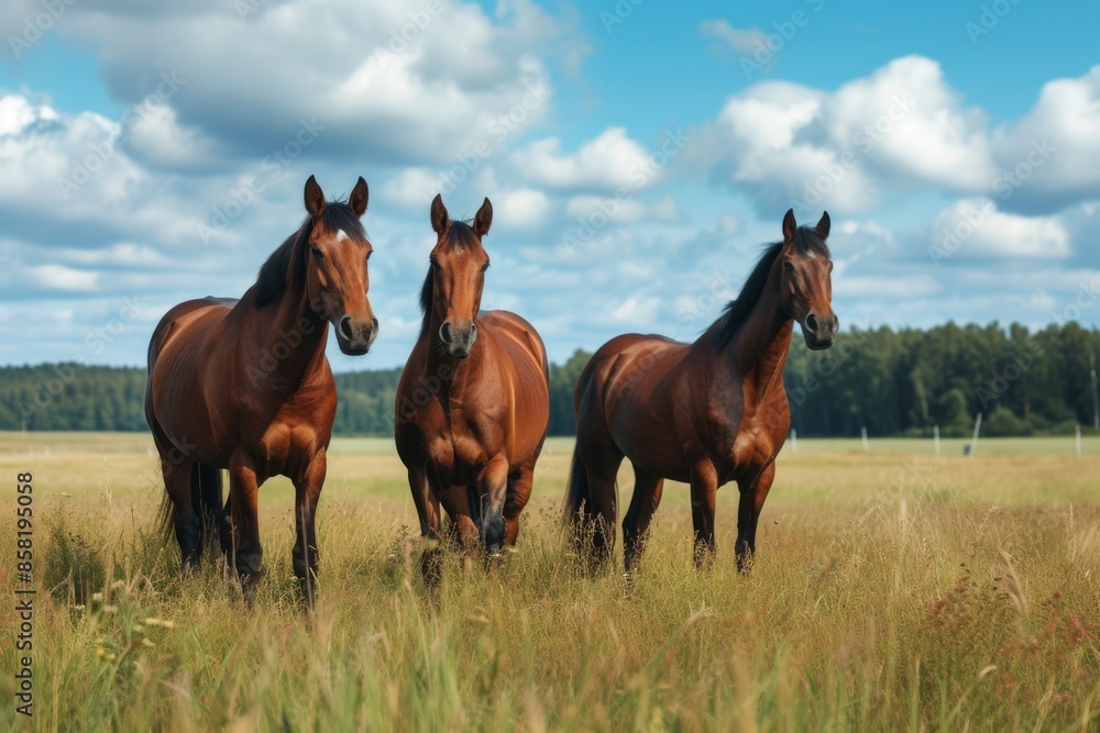 View from side body of a three Thoroughbred Horse standing on grass, Awe-inspiring, Full body shot ::2 Side Angle View View from side body of a three Thoroughbred Horse standing on grass, Awe-inspiring, Full body shot ::2 Side Angle View