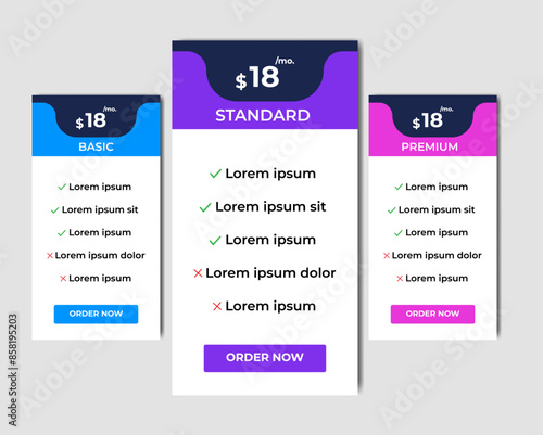 Corporate Pricing plans comparison table. Business product price chart subscription list layout. Features checklist infographic price design
