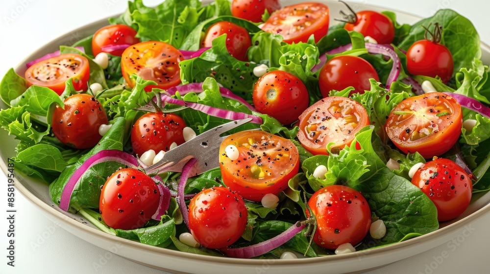 Fresh salad and cherry tomato on fork isolated on white backgrou Fresh salad and cherry tomato on fork isolated on white backgrou
