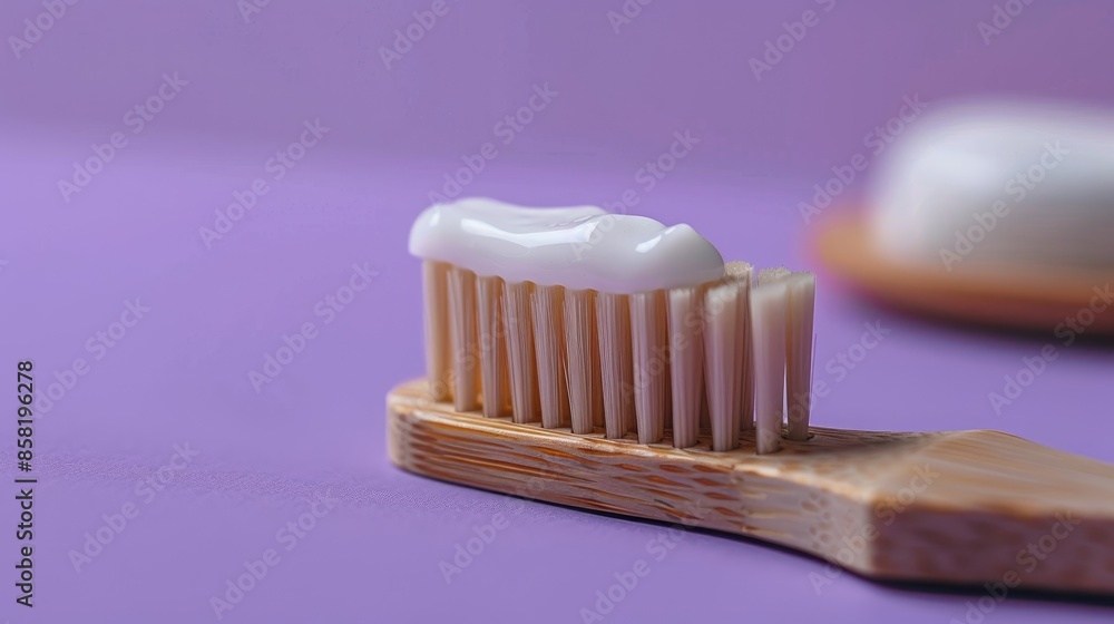 Close up side view of bamboo toothbrush and toothpaste on lilac background with space for text Close up side view of bamboo toothbrush and toothpaste on lilac background with space for text