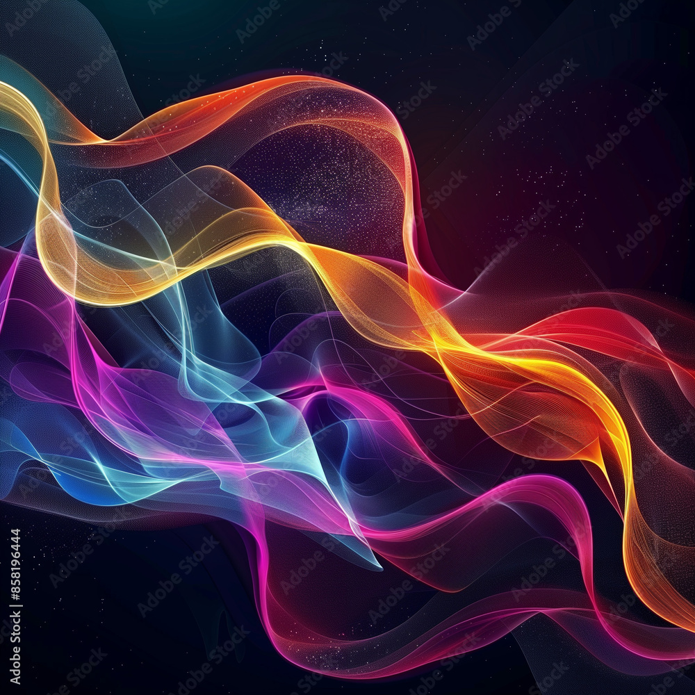 Obraz premium Colorful abstract background with smooth lines and curves that form an otherworldly landscape, glowing neon lights creating dynamic light patterns on a black background