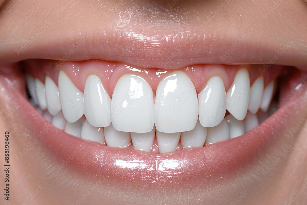 Fototapeta premium Close-up comparison of a woman's teeth before and after whitening treatment, showcasing the transformation in her smile.