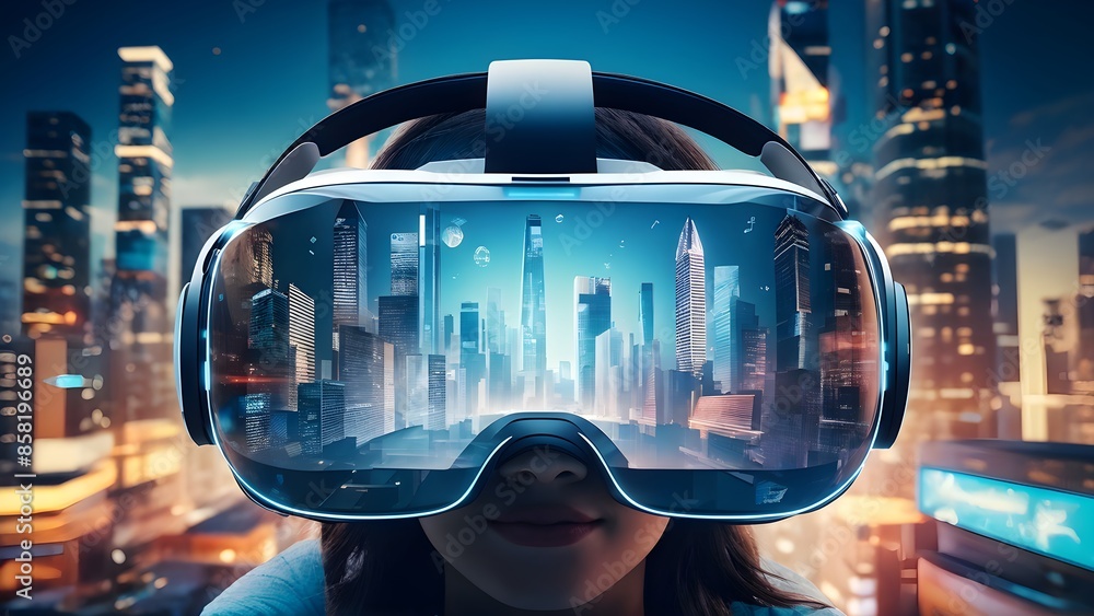 VR Headset Overlaid on Detailed Cityscape Merging Metaverse and Future. Generative AI VR Headset Overlaid on Detailed Cityscape Merging Metaverse and Future. Generative AI