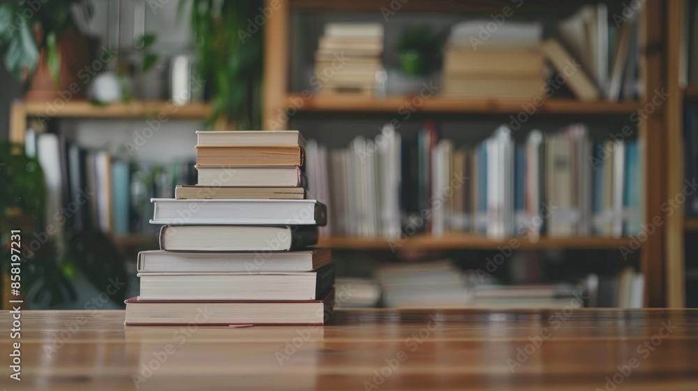 Books placed on a wooden desk with a blurred background in a library setting symbolizing education and the back to school theme Books placed on a wooden desk with a blurred background in a library setting symbolizing education and the back to school theme