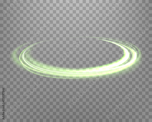 Glowing green magic rings. Dynamic orbital flare halo ring. Neon realistic energy swoosh swirl. Abstract light effect on a transparent background. Vector illustration.