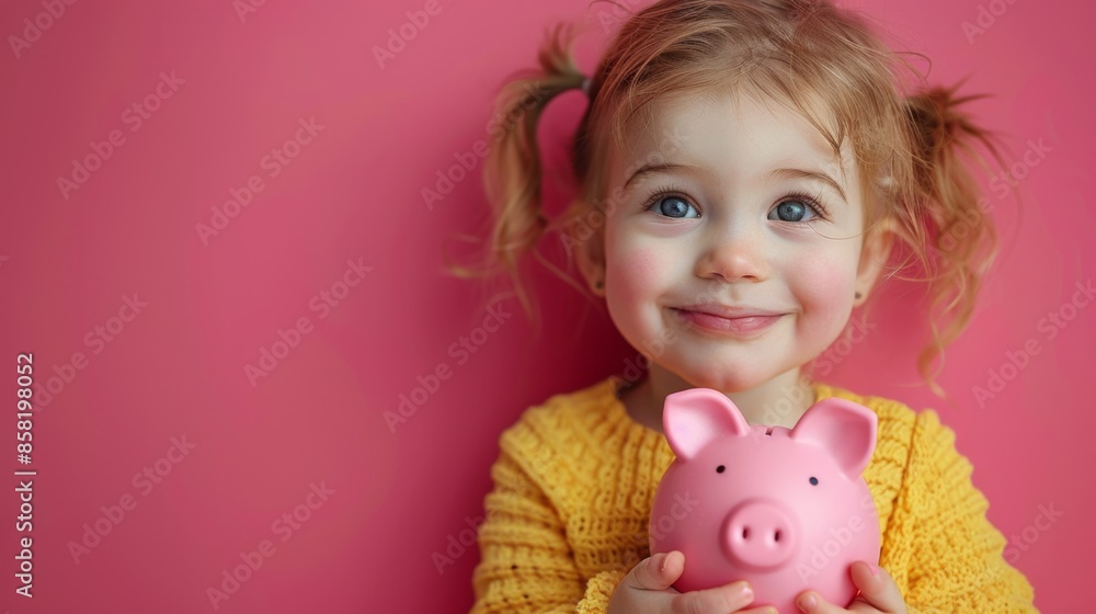 portrait of a beautiful little Caucasian happy girl 5 years old holding a piggy bank in her hands. studio shooting pink background portrait of a beautiful little Caucasian happy girl 5 years old holding a piggy bank in her hands. studio shooting pink background