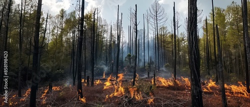 burned fire trees in the forest, with sunlight filtering through fog, highlighting the stark contrast between nature's beauty and destruction photo