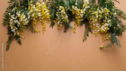 Beautiful floral composition with mimosa flowers on beige background flat lay