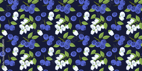 Seamless pattern with flowers and twigs of blueberries. Summer botanical background with hand drawn berries and inflorescences