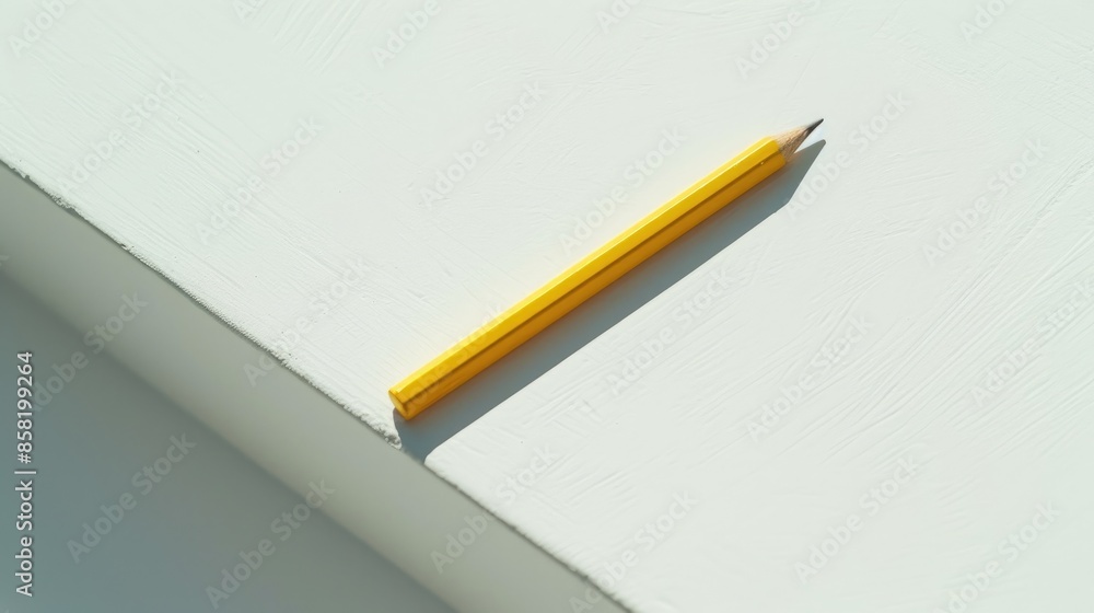 Minimalist composition featuring yellow pencil on white paper with shadow Minimalist composition featuring yellow pencil on white paper with shadow