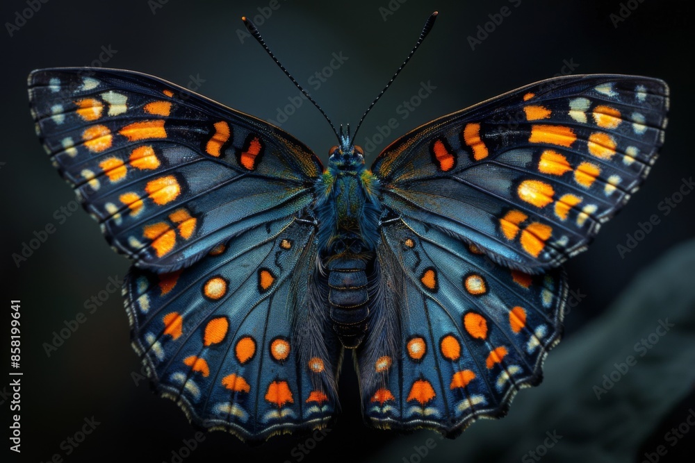 Naklejka premium A Striking Blue Butterfly with Orange and White Spots