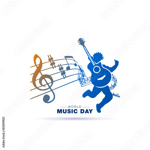 World Music Day. Musical fest, instrument with guitar rockstar and music notes background.