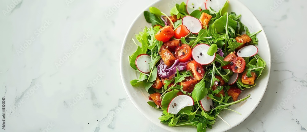 A nutritious salad with fresh lettuce, ripe tomato, and other vegetables, providing a healthy and satisfying option for both lunch and dinner. A nutritious salad with fresh lettuce, ripe tomato, and other vegetables, providing a healthy and satisfying option for both lunch and dinner.