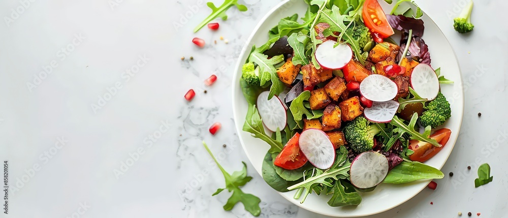 A nutritious salad with fresh lettuce, ripe tomato, and other vegetables, providing a healthy and satisfying option for both lunch and dinner. A nutritious salad with fresh lettuce, ripe tomato, and other vegetables, providing a healthy and satisfying option for both lunch and dinner.