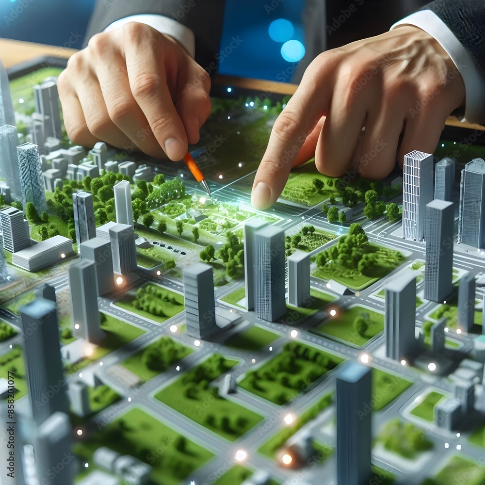 Obraz premium An urban planner interacts with a detailed city model, focusing on sustainable development and green spaces. AIG41