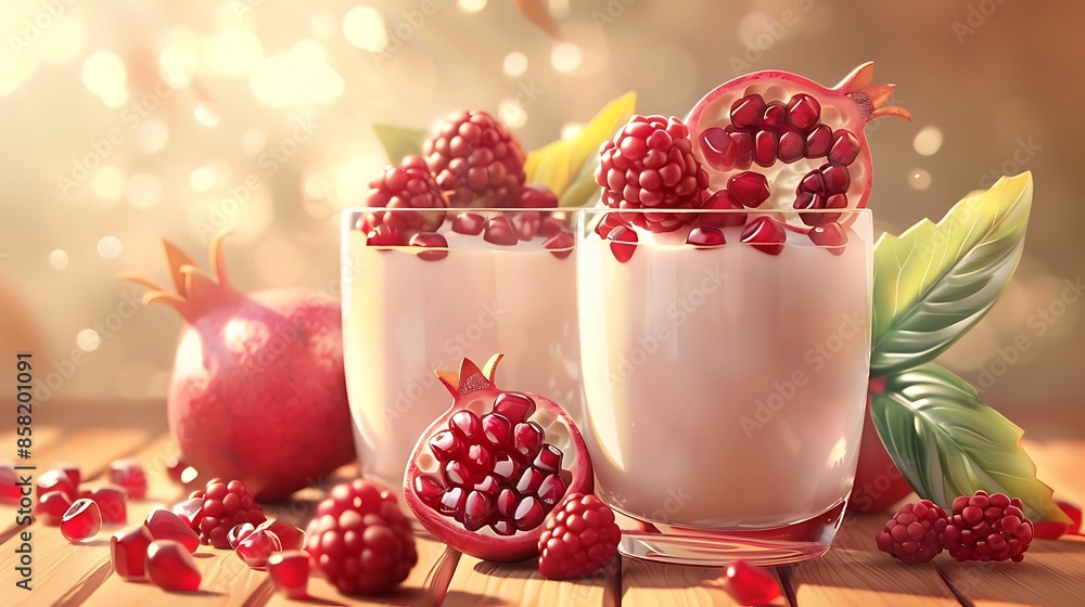 Pomegranate and raspberry mixed with yogurt and almond milk on a wooden background very detailed and realistic shape Pomegranate and raspberry mixed with yogurt and almond milk on a wooden background very detailed and realistic shape