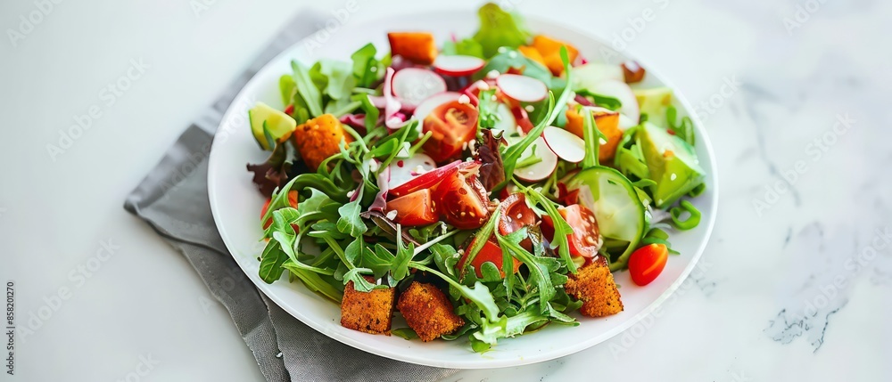 A vibrant green salad with fresh lettuce and tomato, perfect for a light dinner or healthy lunch, showcasing a nutritious and delicious vegetable dish. A vibrant green salad with fresh lettuce and tomato, perfect for a light dinner or healthy lunch, showcasing a nutritious and delicious vegetable dish.