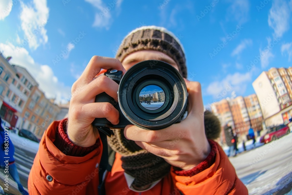 The enthusiastic photographer, deeply absorbed in taking photos, appears almost surreal when viewed through the fish eye lens, his camera capturing the world in a new light The enthusiastic photographer, deeply absorbed in taking photos, appears almost surreal when viewed through the fish eye lens, his camera capturing the world in a new light