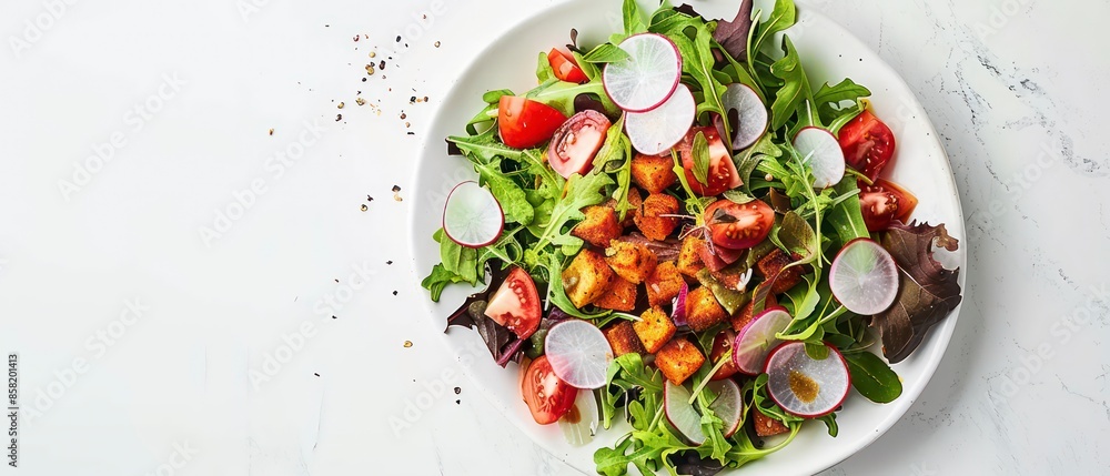 A fresh salad with crisp lettuce, juicy tomato, and green vegetables on a plate, making for a healthy and light meal or appetizer.