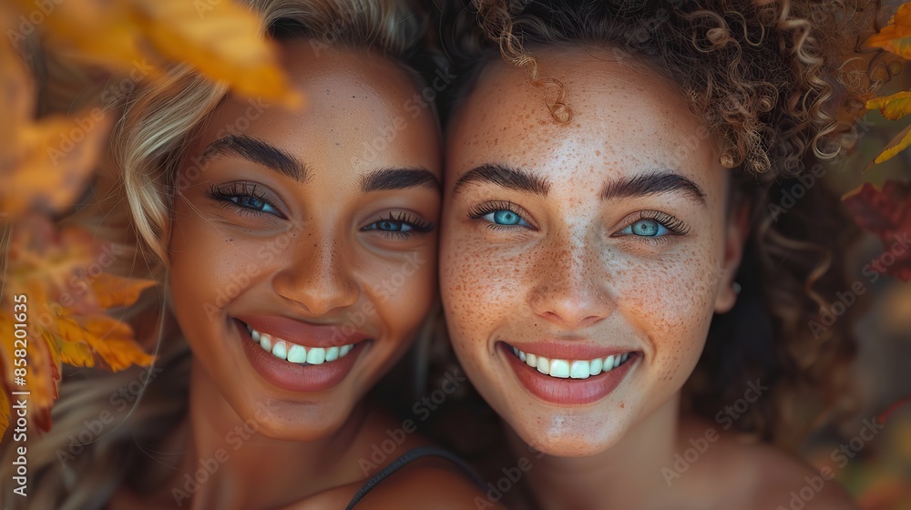 Lesbian couple in love, hugging and smiling in nature at sunset during autumn. Romantic scene between two women showing tenderness. illustration images Lesbian couple in love, hugging and smiling in nature at sunset during autumn. Romantic scene between two women showing tenderness. illustration images