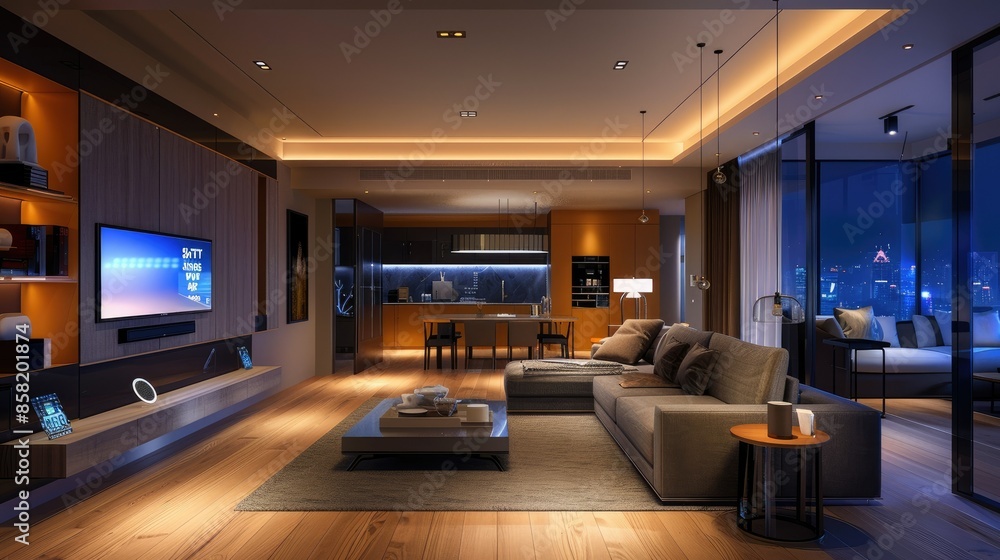 A sleek, modern smart home interior with integrated IoT devices controlling lighting, security, and appliances AI generated A sleek, modern smart home interior with integrated IoT devices controlling lighting, security, and appliances AI generated