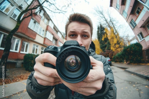 As the enthusiastic photographer moves around taking photos, the fish eye lens distorts the scene, emphasizing his dedication to capturing the perfect shot with his camera