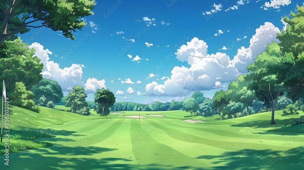 Lush green meadow with towering trees and fluffy clouds in a clear blue sky on a sunny summer day Lush green meadow with towering trees and fluffy clouds in a clear blue sky on a sunny summer day