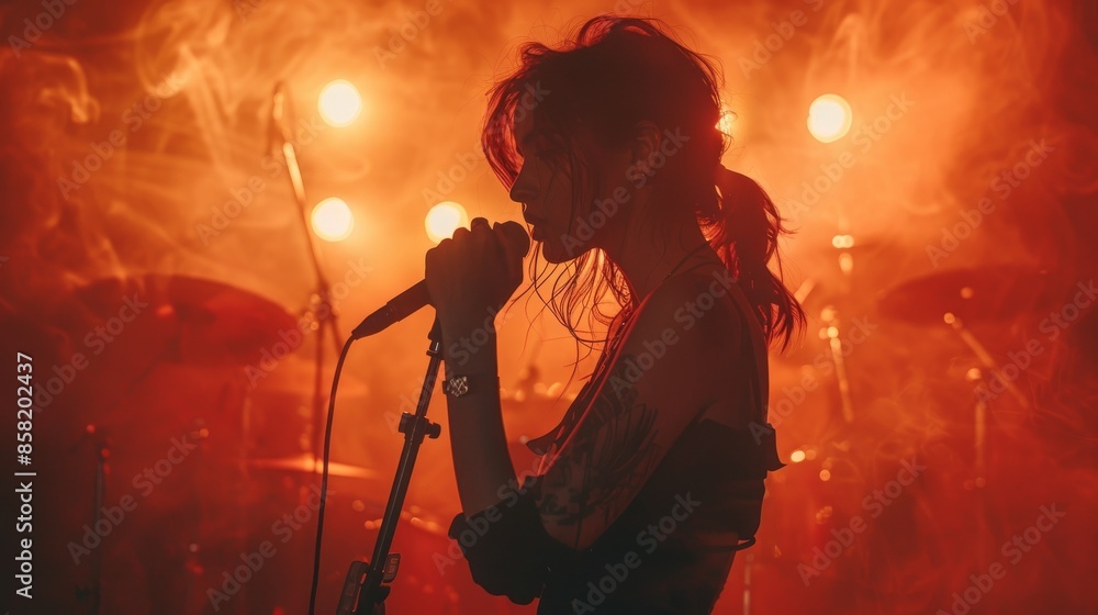 A dramatic shot of a silhouetted female singer performing on a stage filled with smoke, with bright lights creating a visually striking concert atmosphere. A dramatic shot of a silhouetted female singer performing on a stage filled with smoke, with bright lights creating a visually striking concert atmosphere.