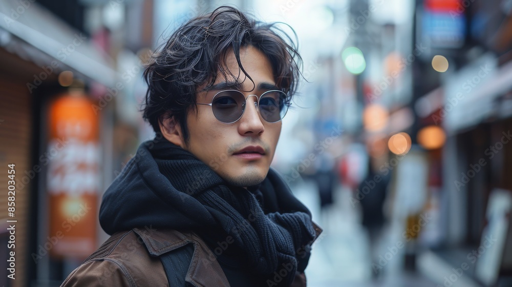A man wearing a black jacket, scarf, and round sunglasses stands confidently in an urban environment, capturing a stylish and enigmatic street scene. A man wearing a black jacket, scarf, and round sunglasses stands confidently in an urban environment, capturing a stylish and enigmatic street scene.