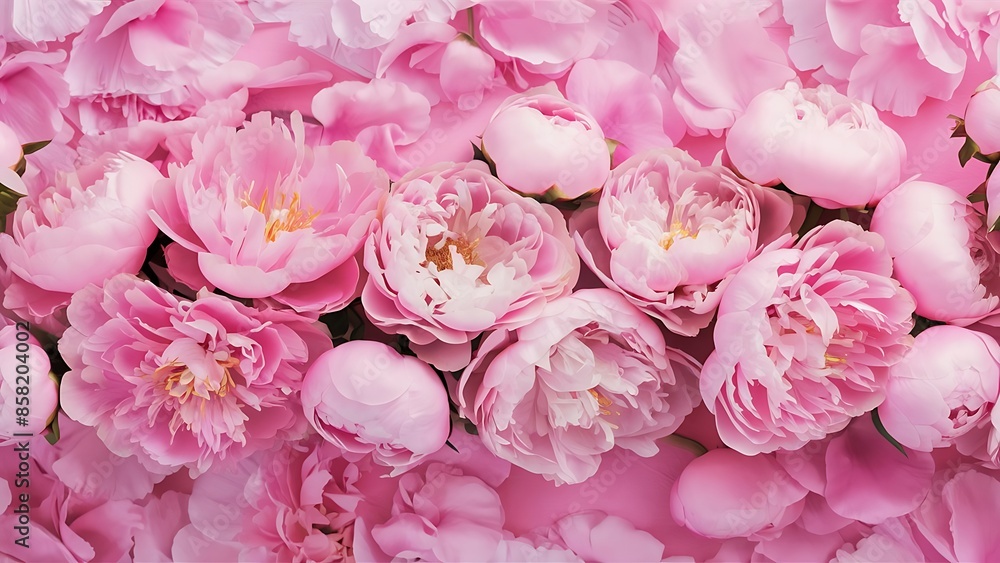 Beautiful pink peonies on pink background top view flat lay Beautiful pink peonies on pink background top view flat lay