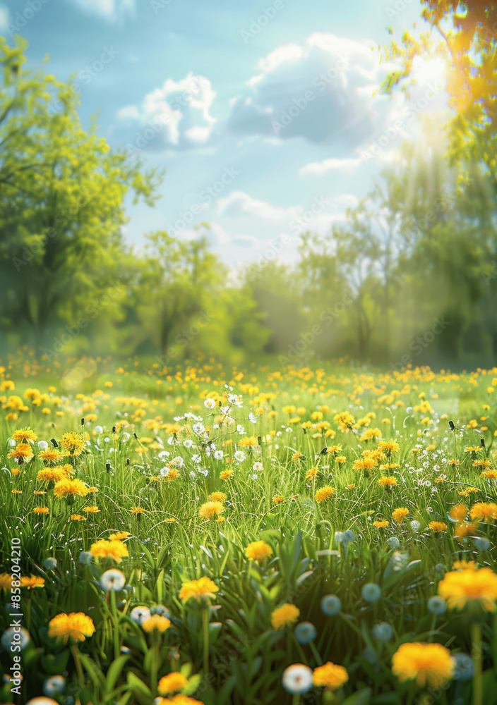 Obraz premium Beautiful sunny spring meadow with blurred grass, yellow dandelions, trees and blue sky