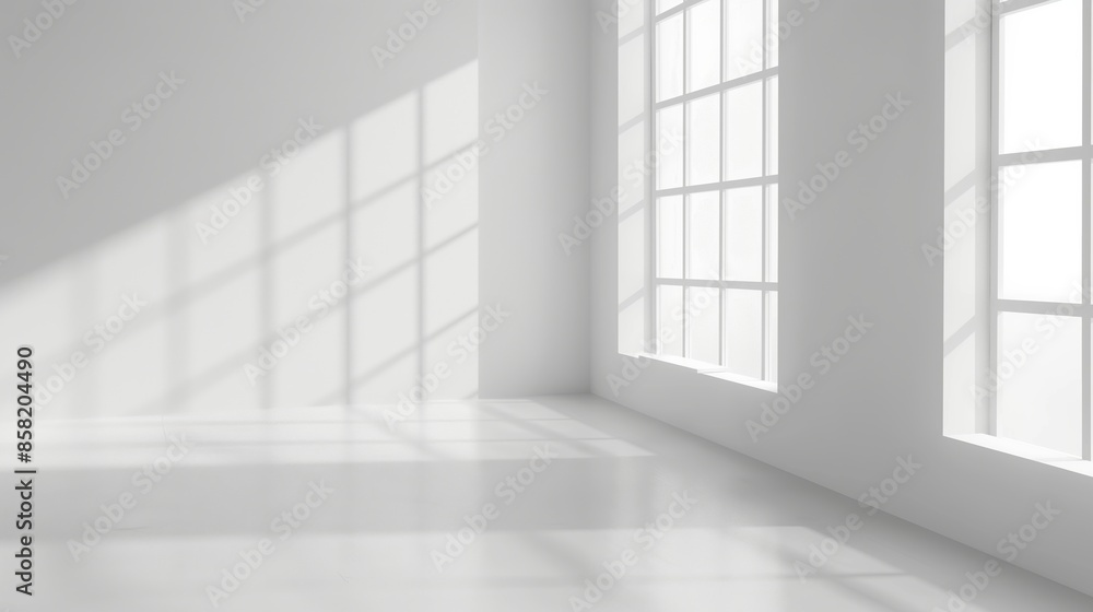 Empty White Room with Large Windows and Sunlight. Bright Minimalist Interior with Window Shadows Empty White Room with Large Windows and Sunlight. Bright Minimalist Interior with Window Shadows