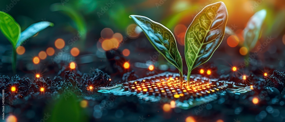 Plants grow in soil, illuminated by floating light particles, against a softly blurred outdoor scene during sunrise or sunset, embodying natural renewal Plants grow in soil, illuminated by floating light particles, against a softly blurred outdoor scene during sunrise or sunset, embodying natural renewal