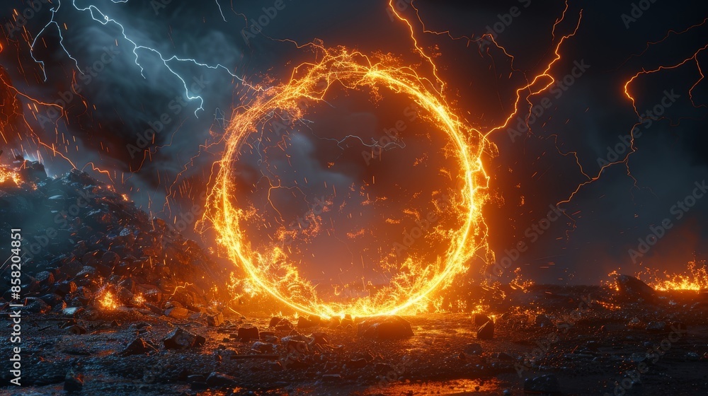 A fiery glowing ring illuminates a dark, stormy landscape with electric energy, creating a powerful and dynamic scene filled with intense and dramatic visuals. A fiery glowing ring illuminates a dark, stormy landscape with electric energy, creating a powerful and dynamic scene filled with intense and dramatic visuals.