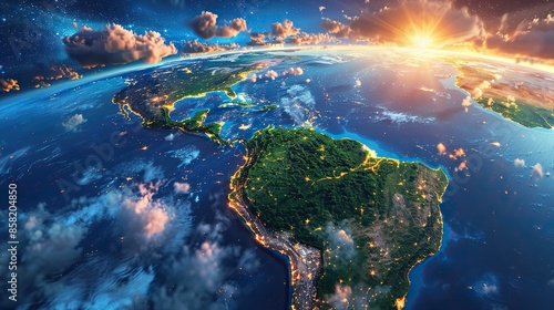 3D model map showcasing the Amazon rainforest's geography and topography, against a backdrop of Earth landforms. illustration images
