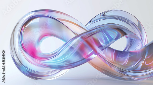 3D Render of Futuristic Abstract Iridescent Glass Shapes, Twisted Spiral, Rings, Holographic Colors on White Background