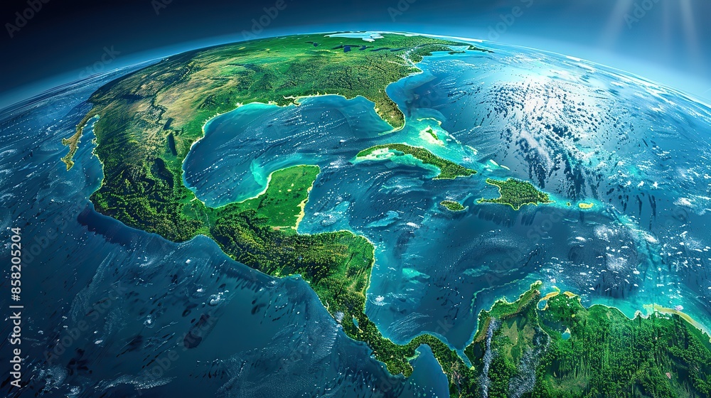 Fototapeta premium Panoramic map of Central America and the Caribbean, showcasing Earth landforms in vivid 3D detail. illustration images