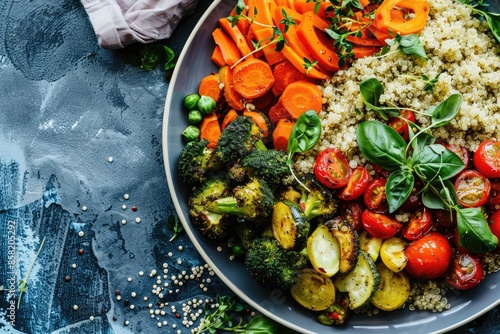 A beautifully arranged plate of roasted vegetables with a side of quinoa photo