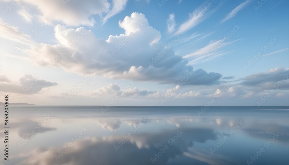 A peaceful coastal background with a calm, reflective surface and a wispy, ethereal clouds A peaceful coastal background with a calm, reflective surface and a wispy, ethereal clouds