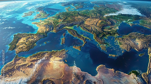 High-resolution physical map of the Mediterranean region with detailed view of Earth topography. illustration images
