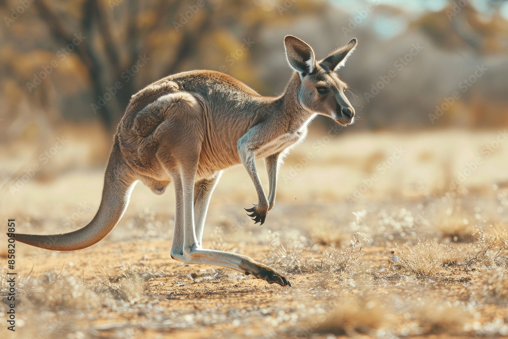 A kangaroo hops across the Australian outback, mid-air with legs extended A kangaroo hops across the Australian outback, mid-air with legs extended