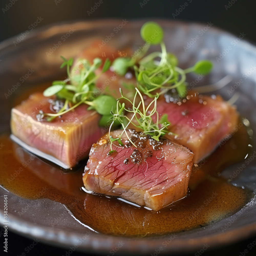 A contemporary Japanese dish of wagyu beef, thinly sliced and served with a delicate ponzu sauce, garnished with microgreens A contemporary Japanese dish of wagyu beef, thinly sliced and served with a delicate ponzu sauce, garnished with microgreens