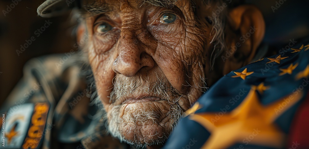 A seasoned veteran proudly embraces the American flag at a solemn Memorial Day event, his face illuminated by dappled sunlight. illustration images A seasoned veteran proudly embraces the American flag at a solemn Memorial Day event, his face illuminated by dappled sunlight. illustration images