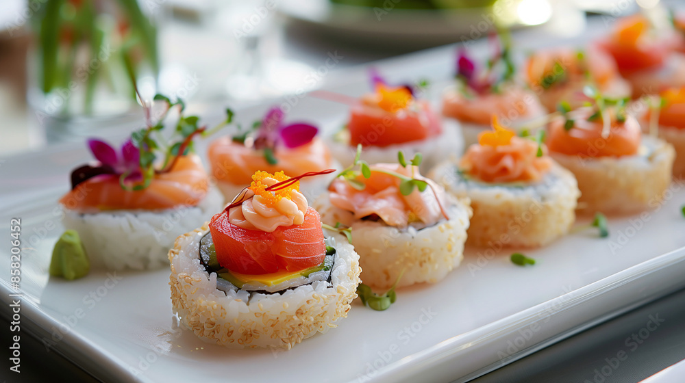 A delicate plate of sushi donuts, with rings of sushi rice topped with colorful sashimi and garnishes, presented on a sleek white platter A delicate plate of sushi donuts, with rings of sushi rice topped with colorful sashimi and garnishes, presented on a sleek white platter