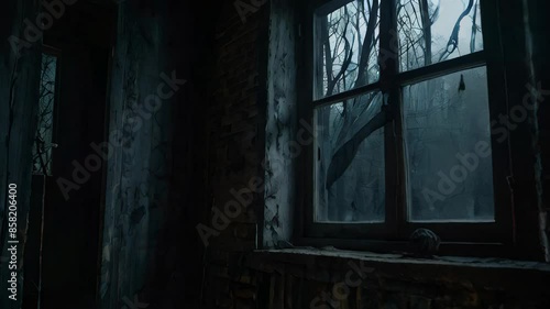 Scary Terrible Window with Ghostly Light and Shadows in Dark Abandoned House