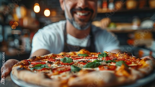 A chef presenting a freshly made pizza topped with basil and tomatoes in a cozy kitchen setting, highlighting the art of pizza-making and culinary craftsmanship.